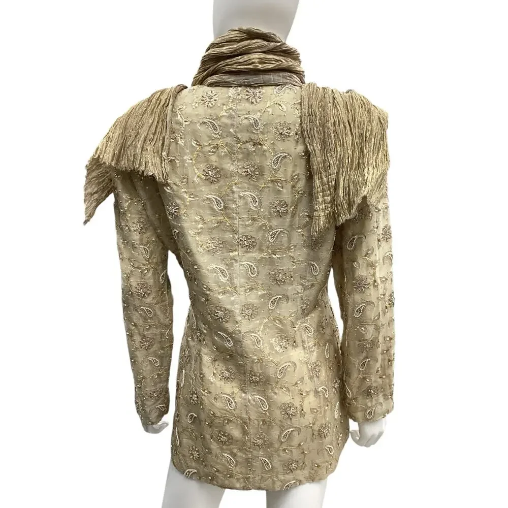 VTG Set Women’s Size M Scarf+Blazer Silk Gold Tone Knot Buttons Embroidered Gold